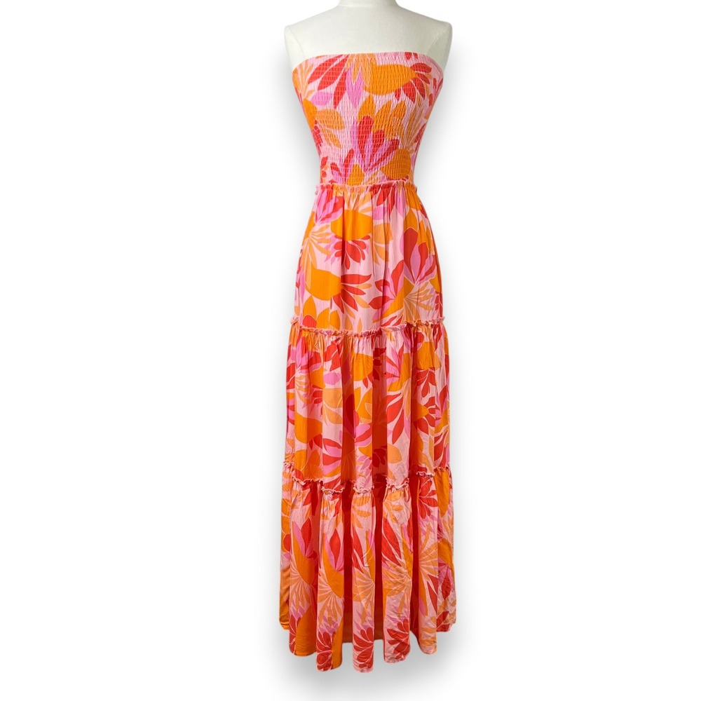 Abel The Label Tiered Smocked Strapless Maxi Dress Size XS Pink Orange Tropical